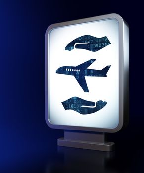 Insurance concept: Airplane And Palm on advertising billboard background, 3d render