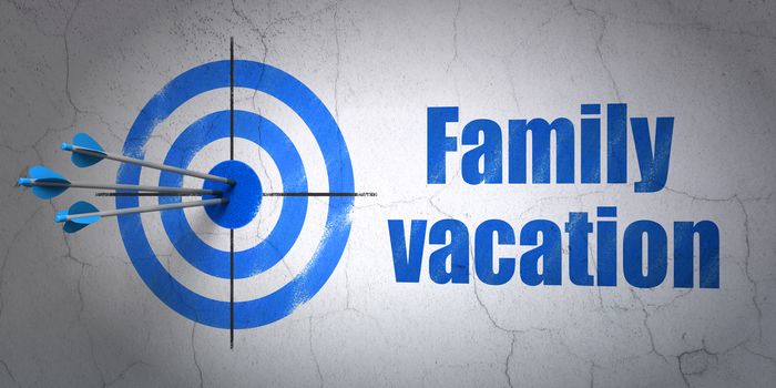 Success vacation concept: arrows hitting the center of target, Blue Family Vacation on wall background