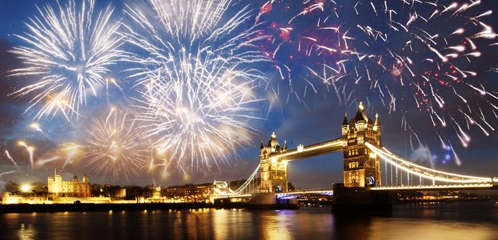 Tower bridge with firework, celebration of the New Year in London, UK