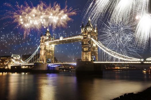 Tower bridge with firework, celebration of the New Year in London, UK