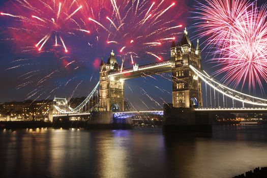 Tower bridge with firework, celebration of the New Year in London, UK