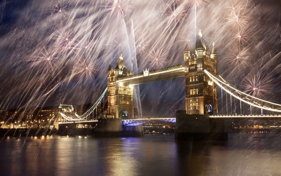 Tower bridge with firework, celebration of the New Year in London, UK