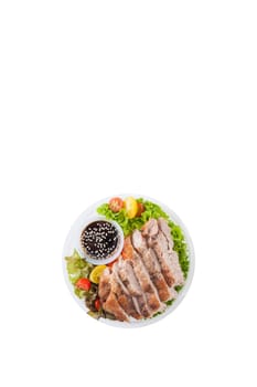 Grilled pork and teriyaki sauce (Japanese sweet sauce) cooked by clean food concept with salad in lunch box isolated on white background