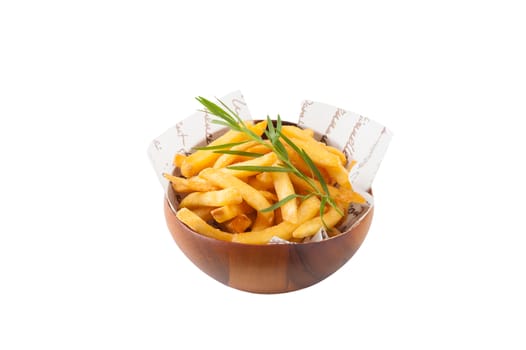 French fries in wood bowl garnished with Japanese bamboo leaves isolated on white background