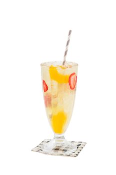 Iced fuzzy peach (peach and strawberry) in glass with striped straw ganished with peach and strawberries