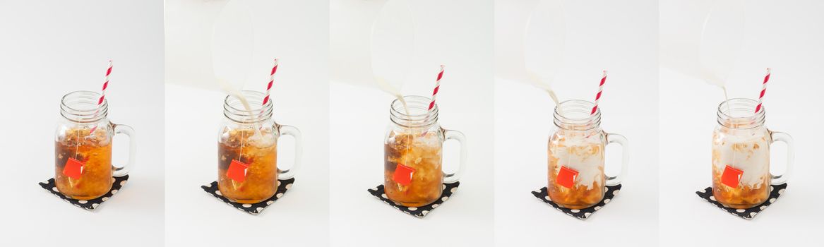 Iced earl grey milk tea picture collage show while pouring milk into tea glass