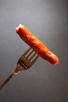 Fast food. Closeup of hot grilled sausage against nice dark background