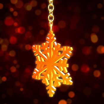 3d golden christmas snowflake with chains over red background