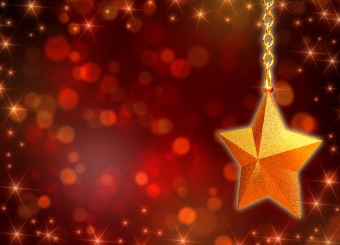 3d golden star with chains over red background with lights