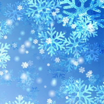 blue and white snowflakes over azure background