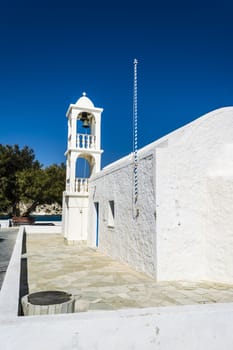 White orthodox church at Mantrakia, Milos island, Cyclades, Greece