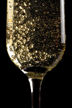 flute of champagne with golden bubbles  on black background