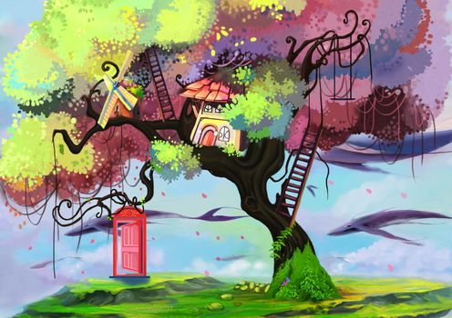 Illustration: The Memory Gate / Door. The Tree House. The Floating Island. The Flying Great White Whale. Fantastic Cartoon Style Wallpaper Background Scene Design with Story.