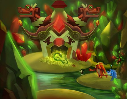 Illustration: The Dragon's Gem Cave. Fantastic Cartoon Style Wallpaper Background Scene Design.