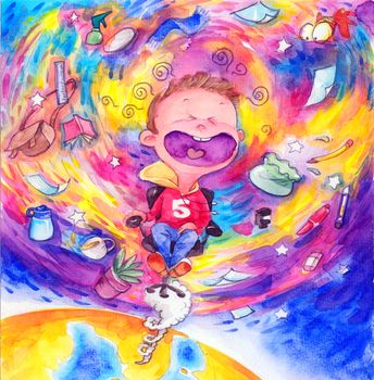 Watercolor High Definition Illustration: Oh, Yeah! Magic Moment! SkyRocket into Space from Earth! Fantastic Cartoon Style Scene Wallpaper Background Design with Story.