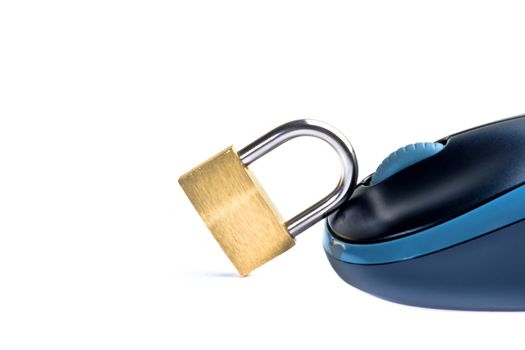 closeup of a mouse near a lock on white background with space for text