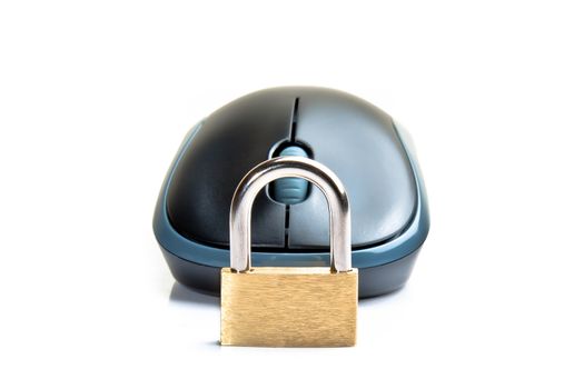 detail of a lock in front of a mouse on white background with space for text