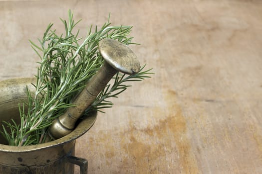 Bunch of fresh rosemary (Rosmarinus officinalis) in a mortar