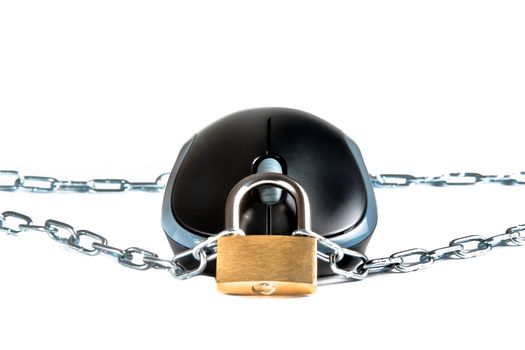 mouse secured by chain and lock on white background with space for text