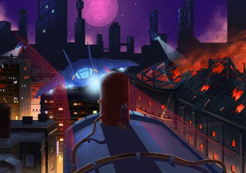 Illustration: The Occupied City On Fire. The Alien's Fighter Airplane goes out on Patrol and Search to Suppress the Rebel Forces. Story with Fantastic Cartoon Style Scene Wallpaper Background Design.