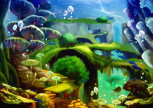 Illustration: Underwater World: Waterfall under the Sea; Flying Fish; Bridge; Stone Stairs. A harmonious Community here. Story with Fantastic Cartoon Style Scene Wallpaper Background Design.