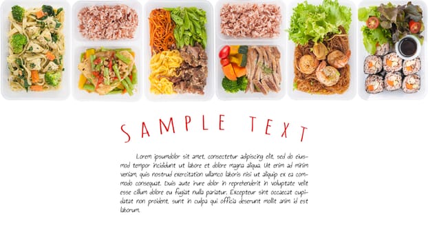 sushi, stir fried fish, fettuccine, roasted pork, grilled pork with eggs, and Shrimp and vermicelli baked with herbs cooked by clean food concept on white background with easy removable sample text