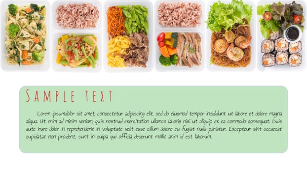 sushi, stir fried fish, fettuccine, roasted pork, grilled pork with eggs, and Shrimp and vermicelli baked with herbs cooked by clean food concept on white background with easy removable sample text