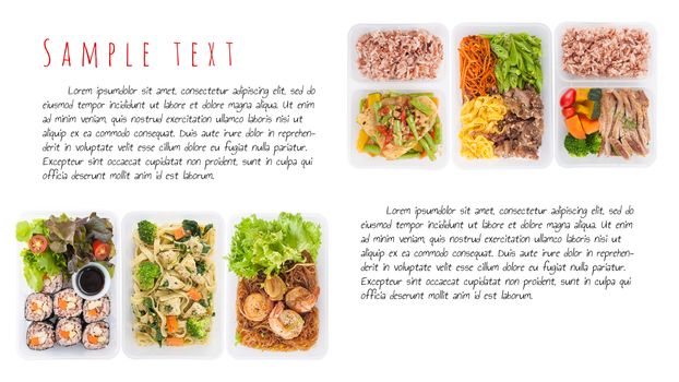 sushi, stir fried fish, fettuccine, roasted pork, grilled pork with eggs, and Shrimp and vermicelli baked with herbs cooked by clean food concept on white background with easy removable sample text