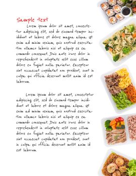 sushi, fettuccine, roasted pork, grilled pork with eggs, and Shrimp and vermicelli baked with herbs cooked by clean food concept on white background with easy removable sample text