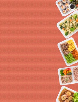 sushi, fettuccine, roasted pork, grilled pork with eggs, and Shrimp and vermicelli baked with herbs cooked by clean food concept on pattern background with area for adding text on left side