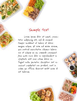 sushi, stir fried fish, fettuccine, roasted pork, grilled pork with eggs, and Shrimp and vermicelli baked with herbs cooked by clean food concept on white background with easy removable sample text