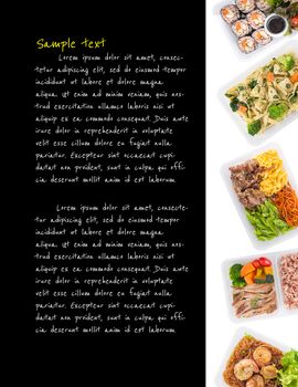 sushi, fettuccine, roasted pork, grilled pork with eggs, and Shrimp and vermicelli baked with herbs cooked by clean food concept with easy removable sample text on black background on left side