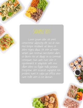 sushi, stir fried fish, fettuccine, roasted pork, grilled pork with eggs, and Shrimp and vermicelli baked with herbs cooked by clean food concept on white background with easy removable sample text