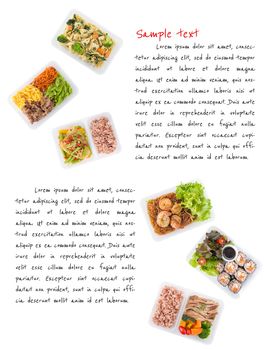 sushi, stir fried fish, fettuccine, roasted pork, grilled pork with eggs, and Shrimp and vermicelli baked with herbs cooked by clean food concept on white background with easy removable sample text