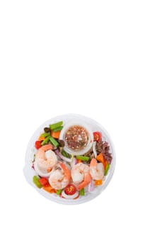 Thai spicy salad with shrimps cooked by clean food concept in lunch box isolated on white background