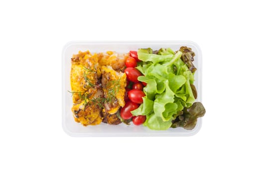 Pangasius fish with mayo mustard sauce cooked by clean food concept and salad in lunch box isolated on white background