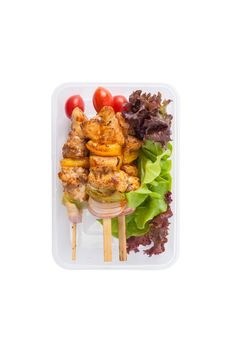 Chicken breast barbecue cooked by clean food concept and vegetables in lunch box isolated on white background