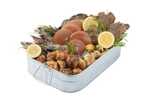 Fresh seafood set from gulf of Thailand in steel tray isolated on white background