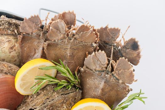 Fresh seafood set from gulf of Thailand in steel tray on white table
