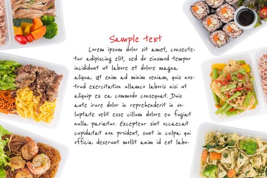 sushi, stir fried fish, fettuccine, roasted pork, grilled pork with eggs, and Shrimp and vermicelli baked with herbs cooked by clean food concept on white background with easy removable sample text