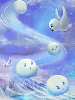 Illustration: The Wonderful Beautiful Melodies of Free Flying So High in the Sky. Fantastic Cartoon Style Scene Wallpaper Background Design.