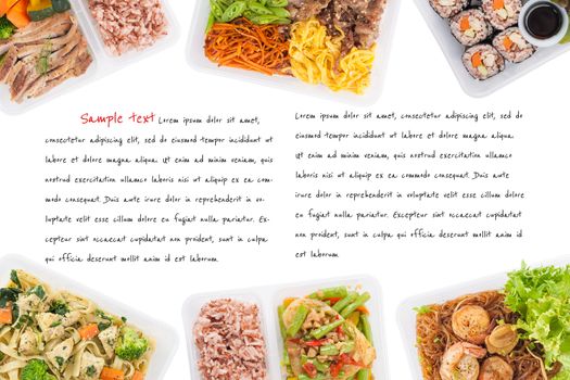 sushi, stir fried fish, fettuccine, roasted pork, grilled pork with eggs, and Shrimp and vermicelli baked with herbs cooked by clean food concept on white background with easy removable sample text
