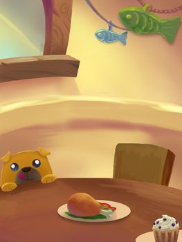 Illustration: Sweet Dinner Room; Table with food. Birthday Cake. Drumstick. Ice cream. Fantastic Cartoon Style Scene Wallpaper Background Design.