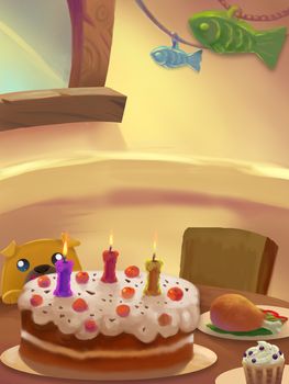 Illustration: Sweet Dinner Room; Tabel with food. Drumstick. Ice cream. Fantastic Cartoon Style Scene Wallpaper Background Design.