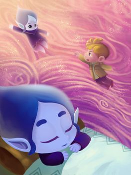 Illustration: The Snow Princess Sleeps. In her dream she become a water drop flying to her world. And the little boy doesn't want her leave. Fantastic Cartoon Style Scene Wallpaper Background Design.