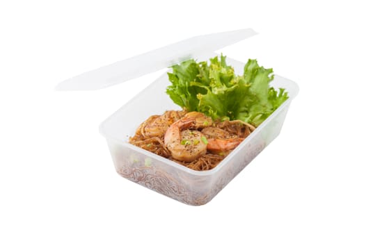 Shrimp and vermicelli baked with herbs (Goong Ob Woonsen) and cooked by clean food concept in lunch box set isolated on white background with cliping path