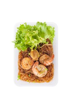 Shrimp and vermicelli baked with herbs (Goong Ob Woonsen) and cooked by clean food concept in lunch box set isolated on white background with cliping path