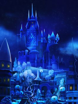 Illustration: The Snow Palace in the Fairy Tale. Fantastic Cartoon Style Scene Wallpaper Background Design.