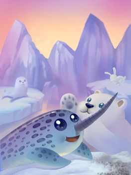 Illustration: North Pole Animals and Ice Mountain and Sea. Fantastic Cartoon Style Scene Wallpaper Background Design.