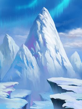 Illustration: Snow Mountain in the North Pole. With Aurora. Fantastic Cartoon Style Scene Wallpaper Background Design.
